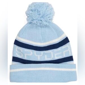 NWT Spyder Jacquard Logo Blue Striped Fleece Lined Pom-Pom Beanie Hat Women’s OS